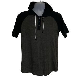 Vetemin 1/4 Button down 2-Tone Hooded T-Shirt Mens Size L